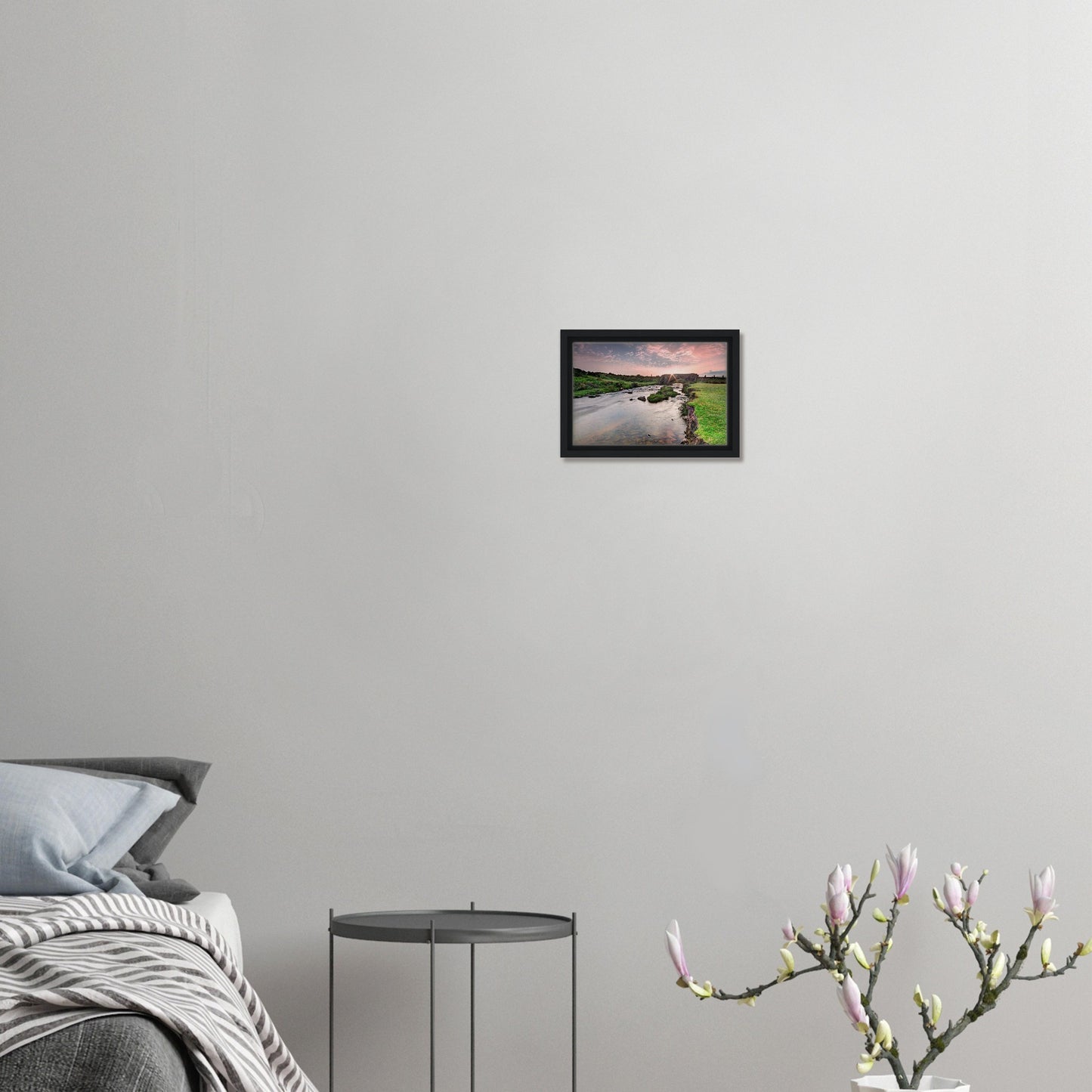 Sunrise over ancient Cadover Bridge in Dartmoor National Park framed art