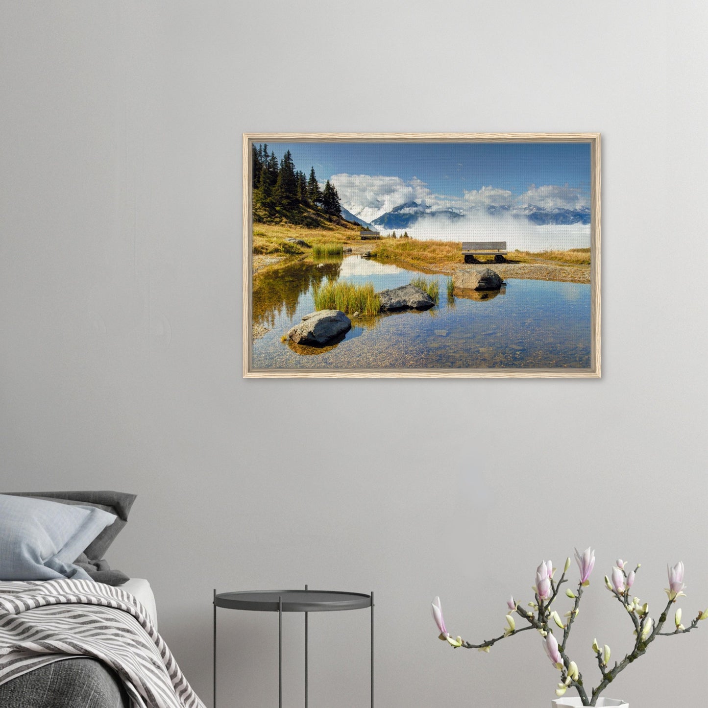 Panoramic alpine landscape with pond reflection in framed canvas