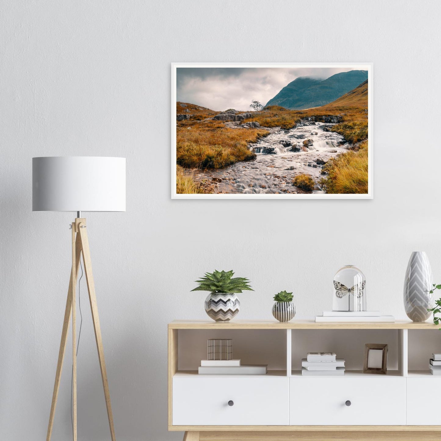 Atmospheric framed print of Glencoe stream and mountains