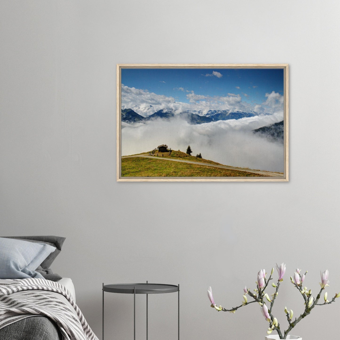 Austrian Alps framed canvas with blue sky and cloud-filled valley