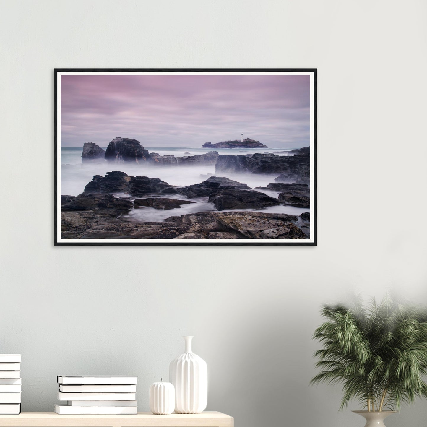 Misty veil of sea surrounding rocks at Godrevy framed print