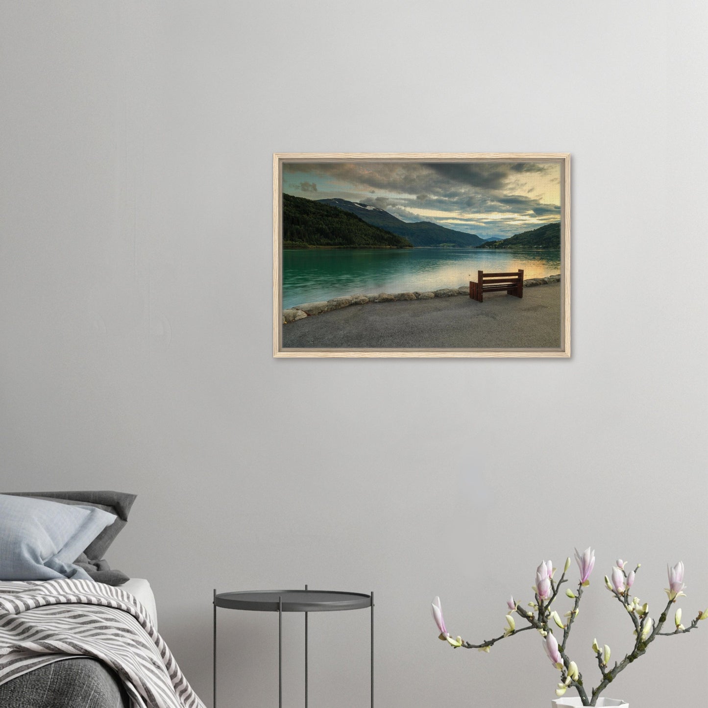 Norwegian framed artwork featuring Innvikfjorden and bench