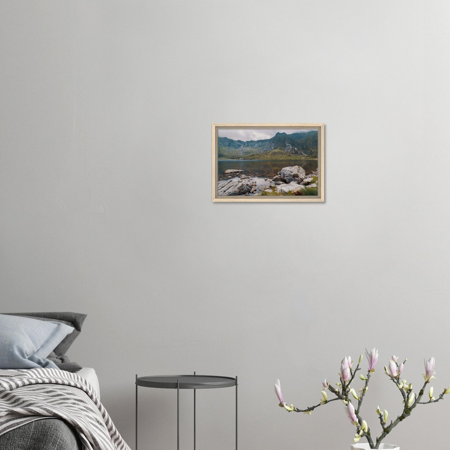 Rugged Welsh landscape with lake and cliffs print
