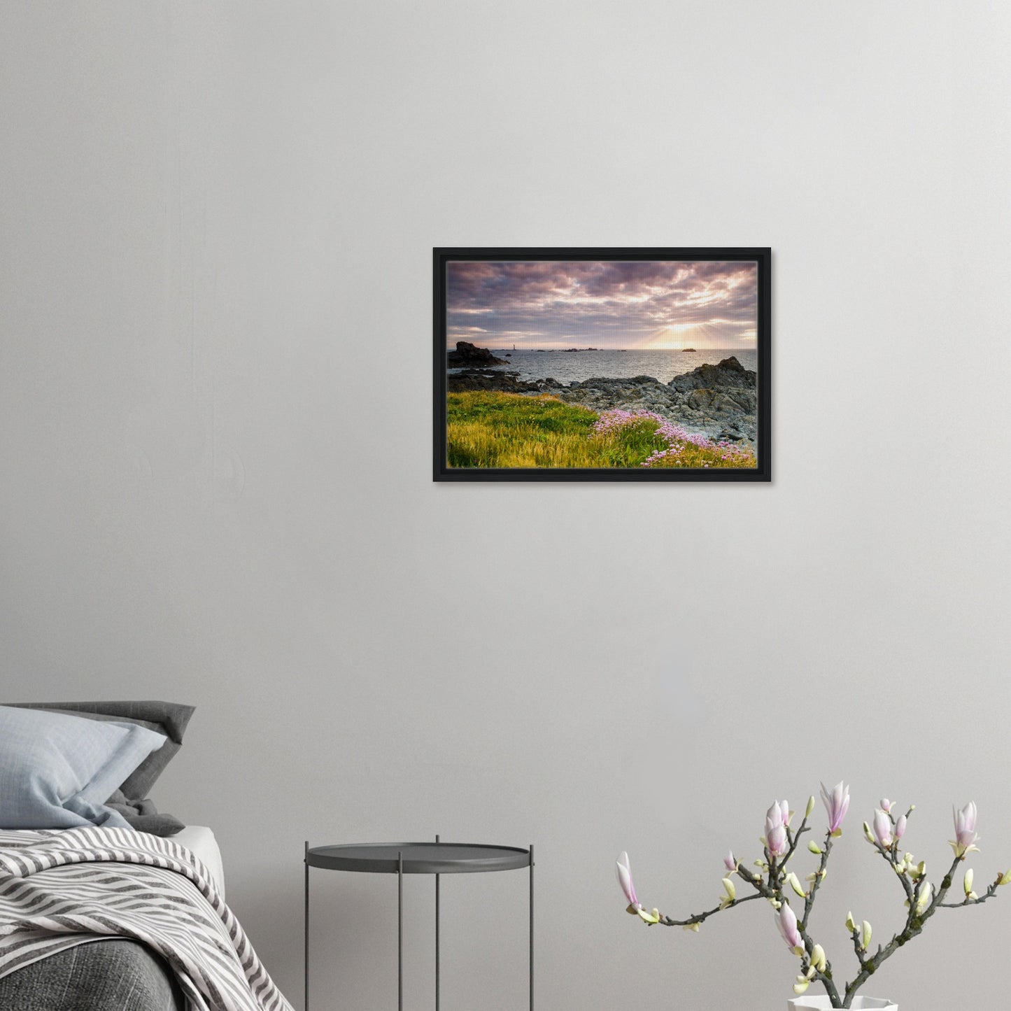 Tranquil Guernsey sunset with lighthouse in distance on canvas