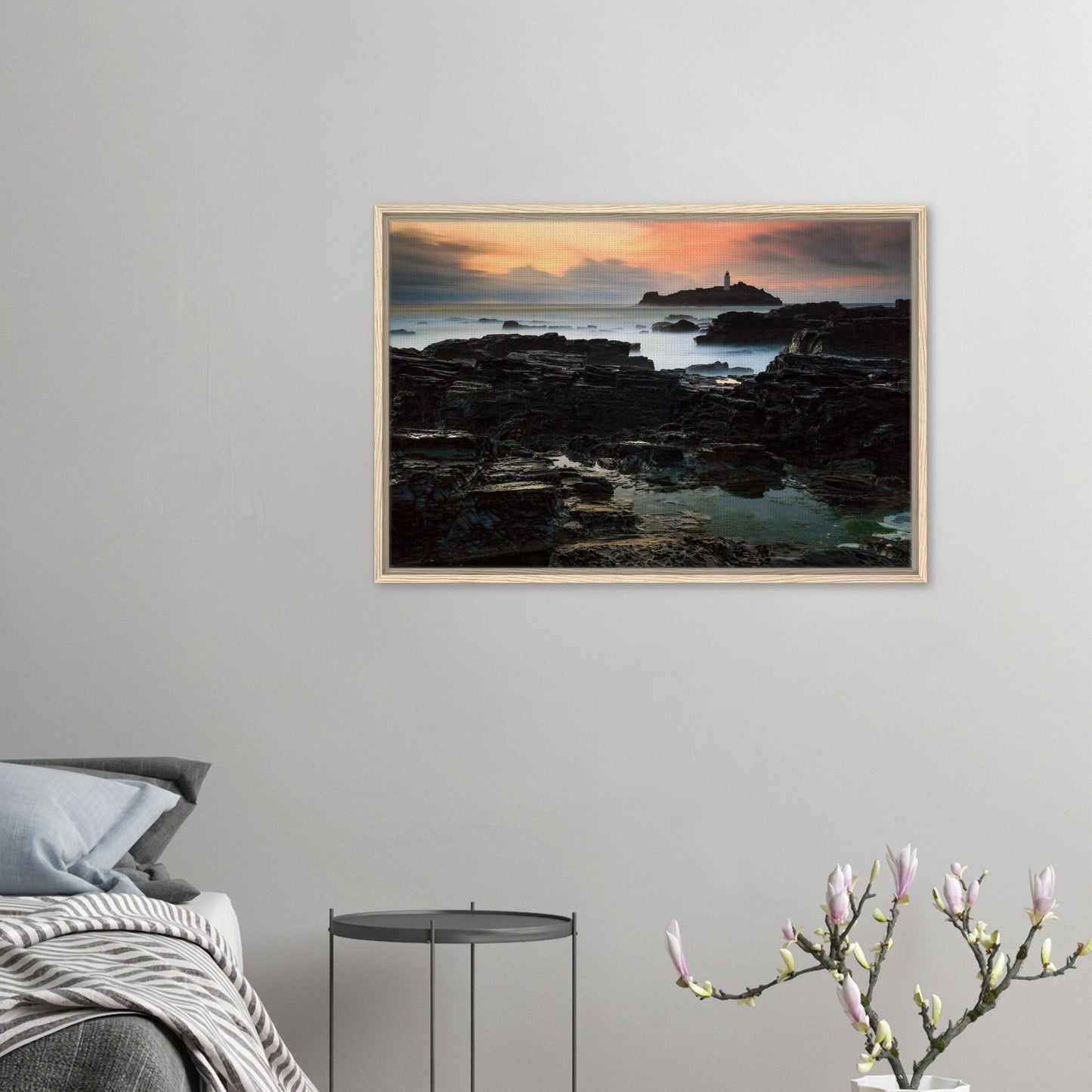 Canvas artwork of dusk over Godrevy Lighthouse and sea