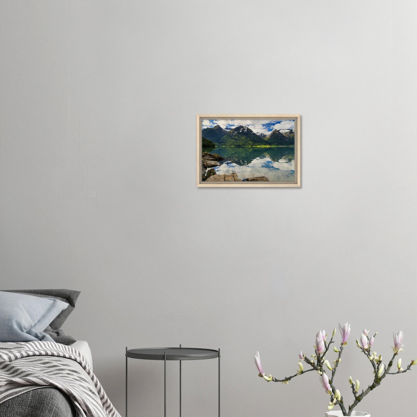Calm water reflecting peaks and clouds in Norway canvas