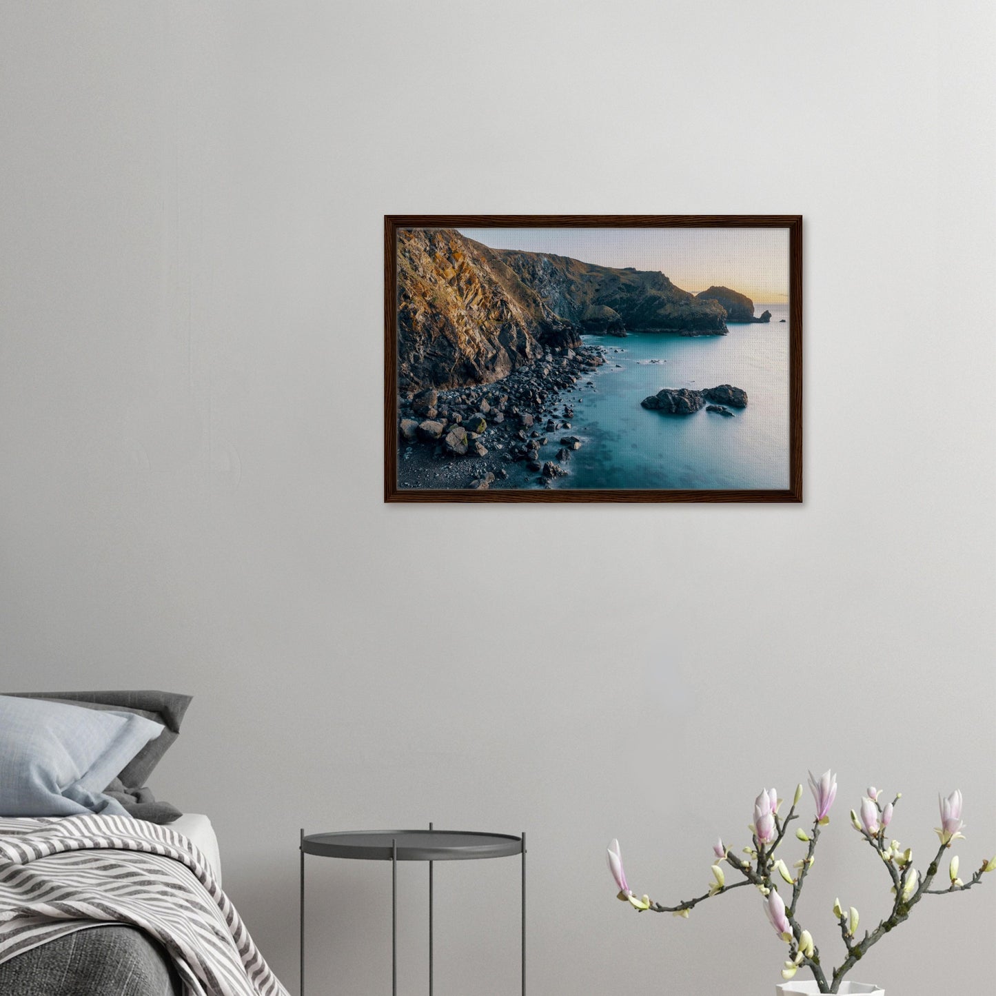 Coastal wall art of Mullion Cove at dusk