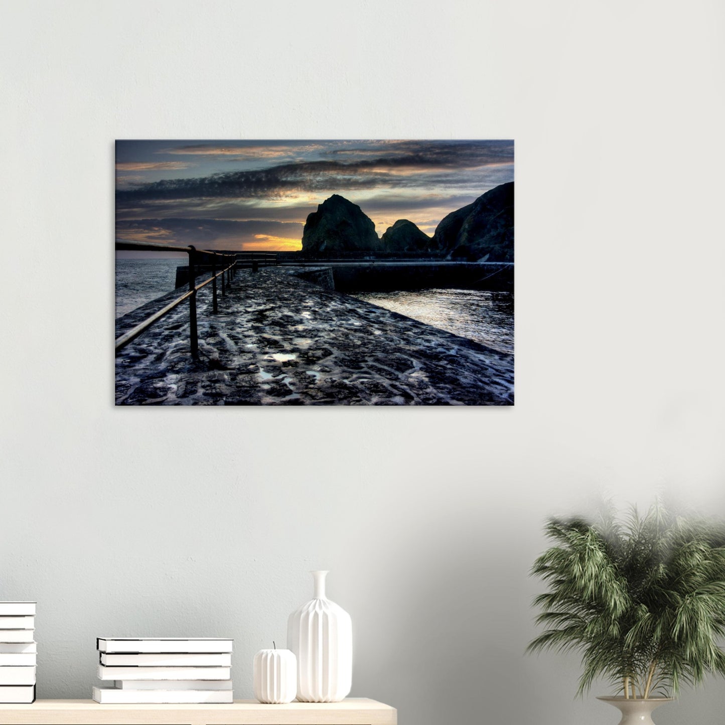 Sunset reflection on wet slipway in Mullion Cove canvas print