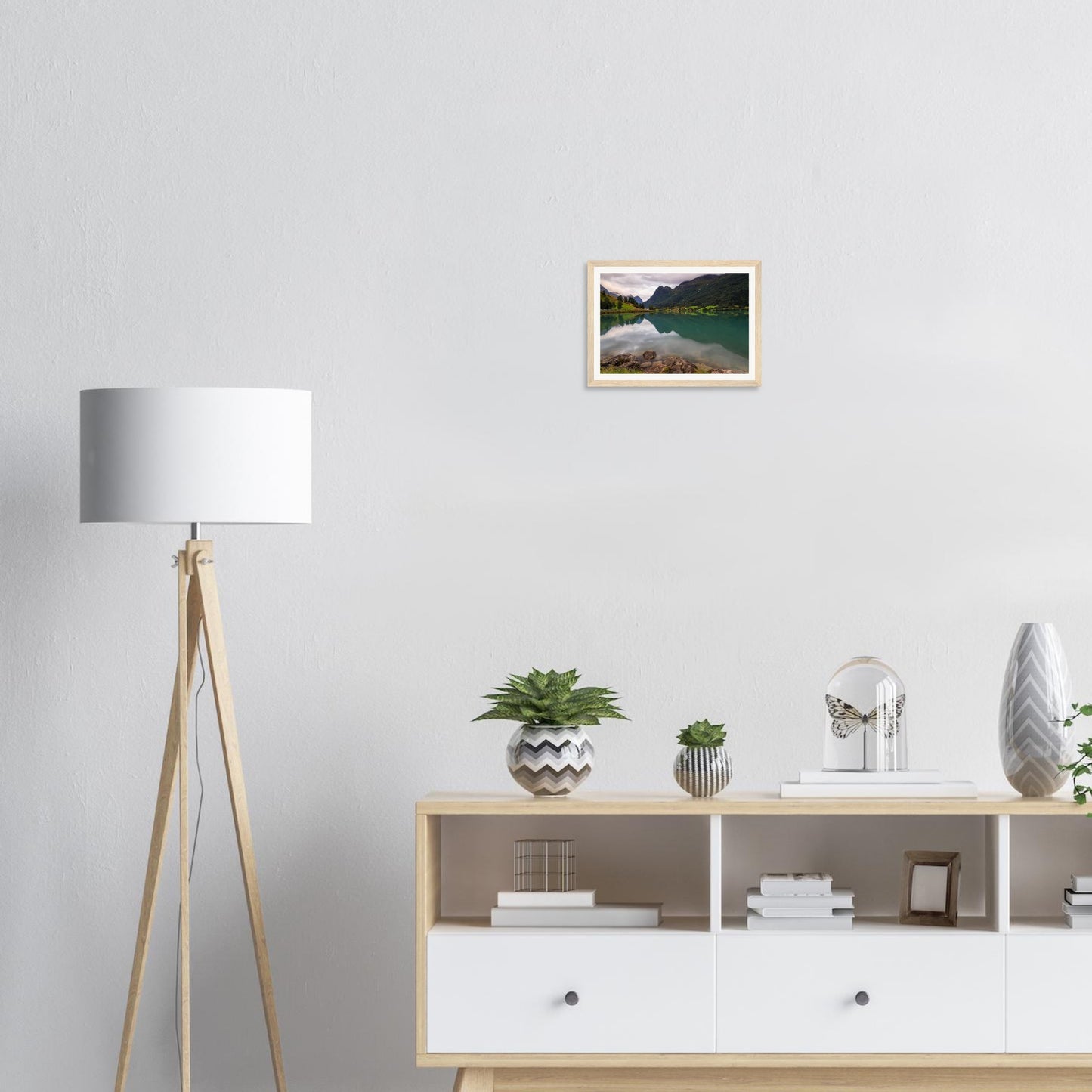 Stoic mountains reflected in Lake Floen framed wall art