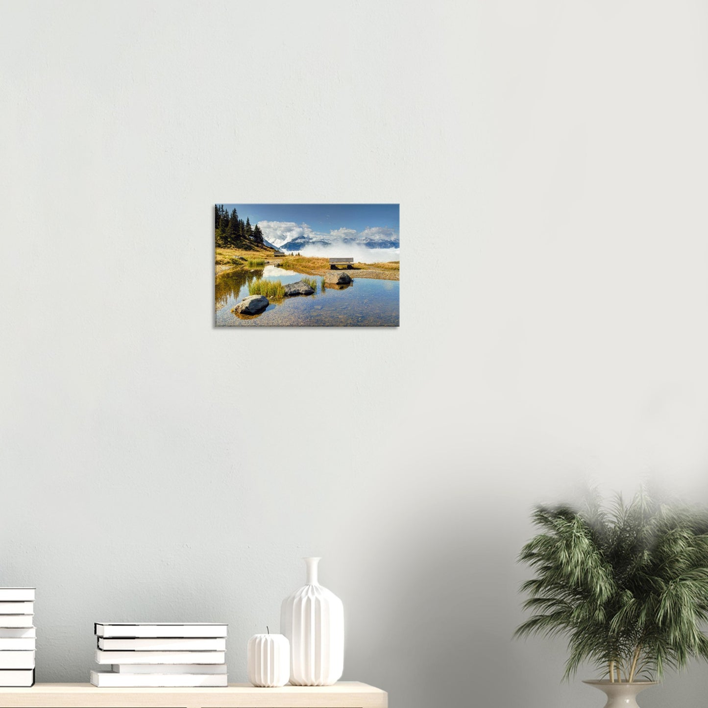 Landscape canvas artwork featuring the Panoramabahn in Austria with a high-altitude bench, calm water, and mist-filled mountain view.