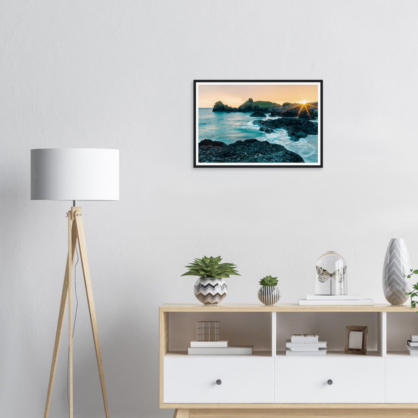 Sunset seascape framed wall art of Kynance Cove Cornwall