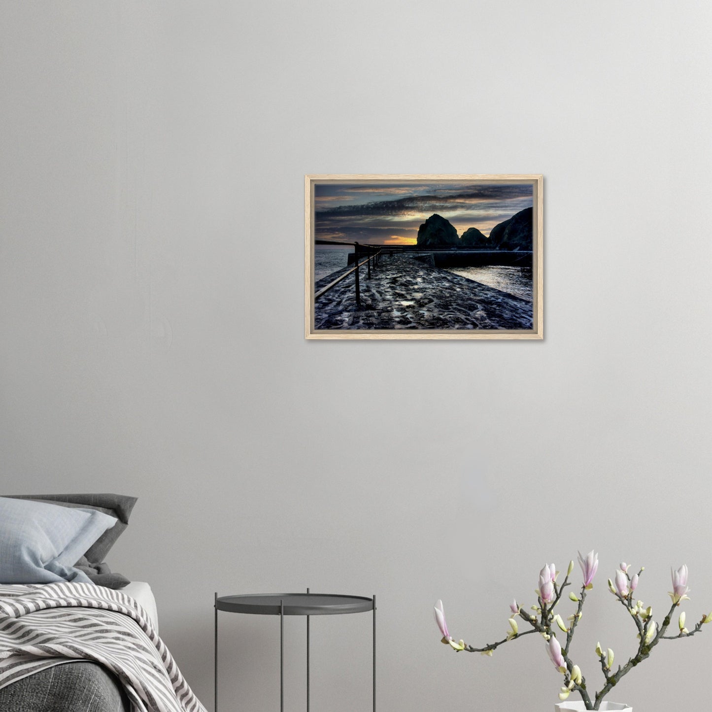 Tranquil Cornwall coastal scene with slipway and cliffs at dusk