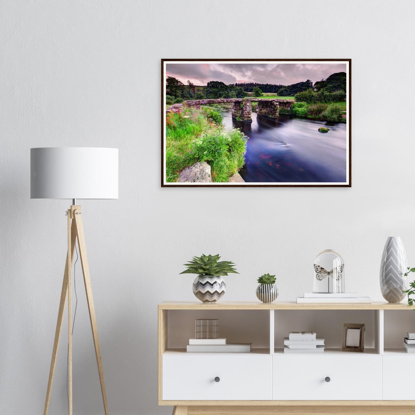 Framed landscape print of Dartmoor National Park stone bridge