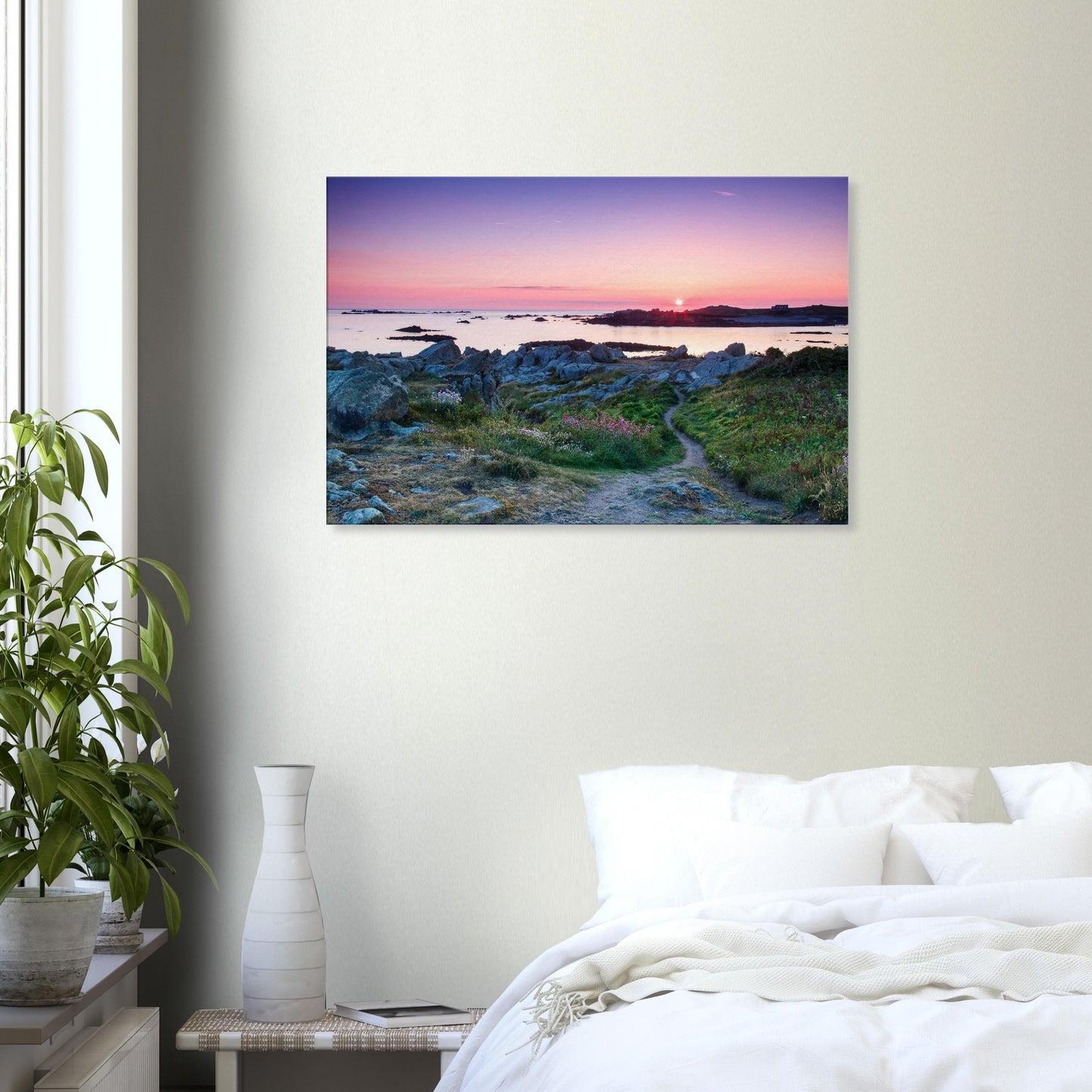 Dreamy canvas of sunset over Lihou Island with scattered rocks, a radiant sky, and a peaceful footpath toward the sea.