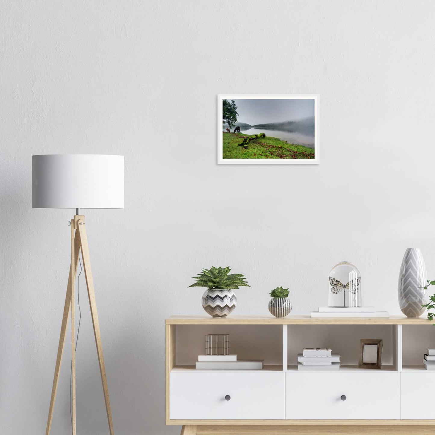 Quiet landscape framed art of Burrator Reservoir with mist