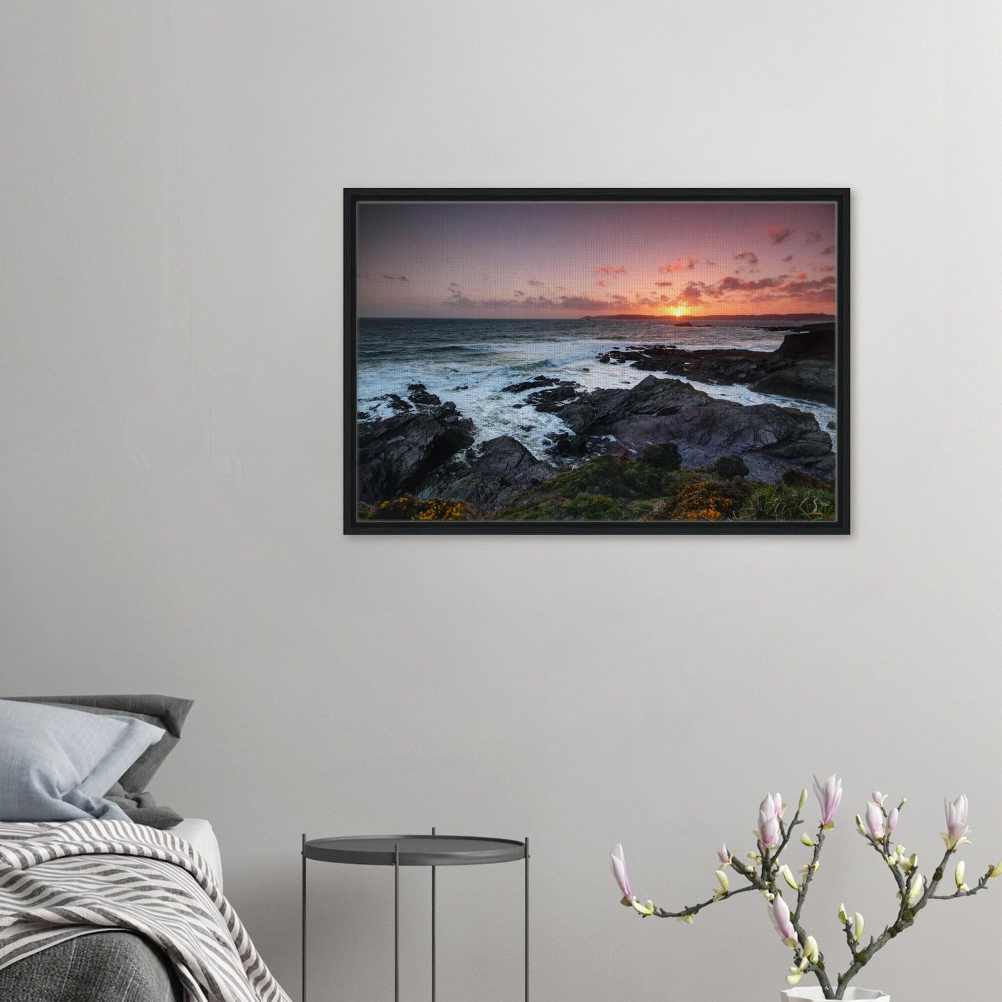 Framed canvas print of Heybrook Bay at sunset in Plymouth, Devon