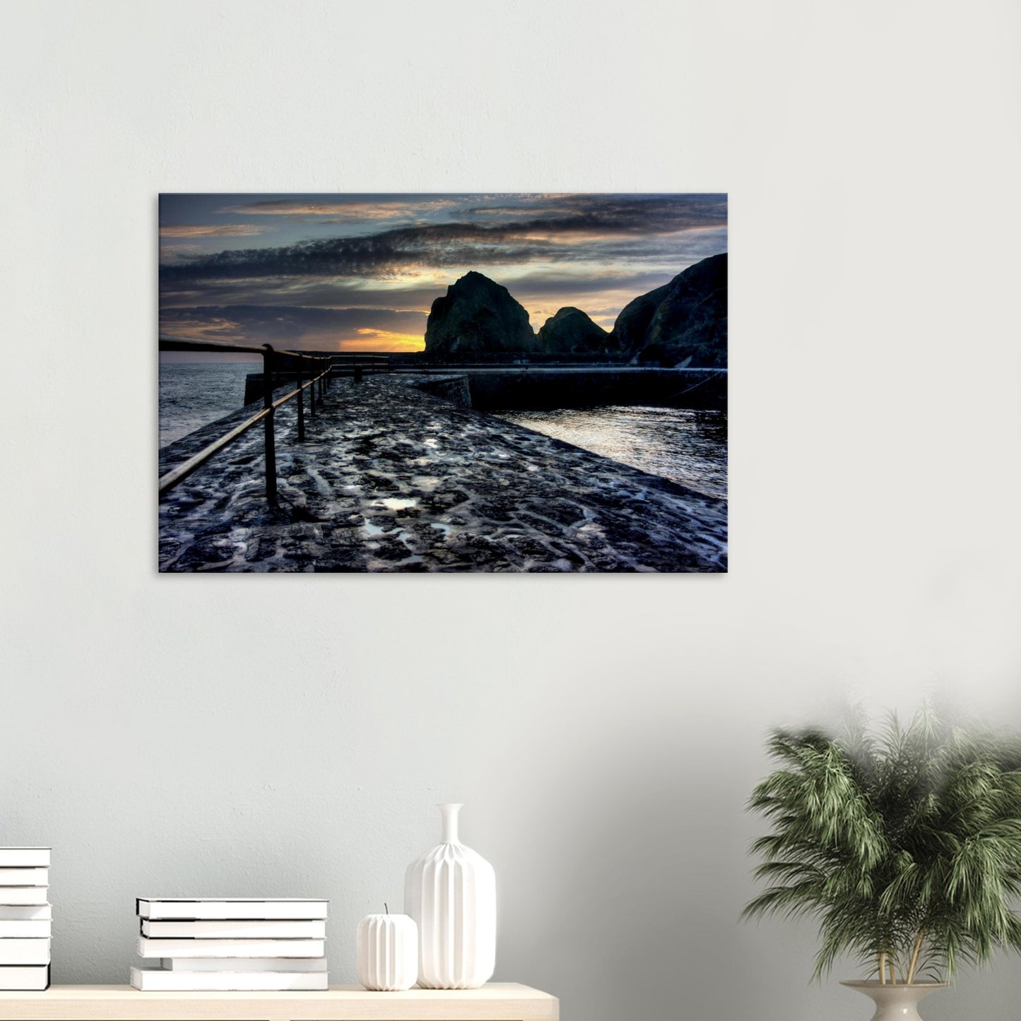 Mullion Cove canvas print with slipway and sunset cliffs