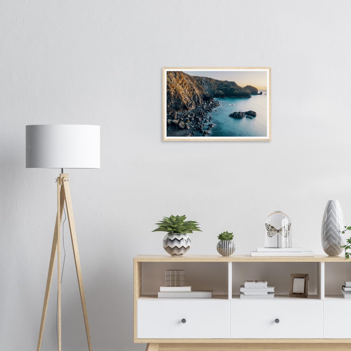 Scenic framed print of Mullion Cove cliffs in evening light
