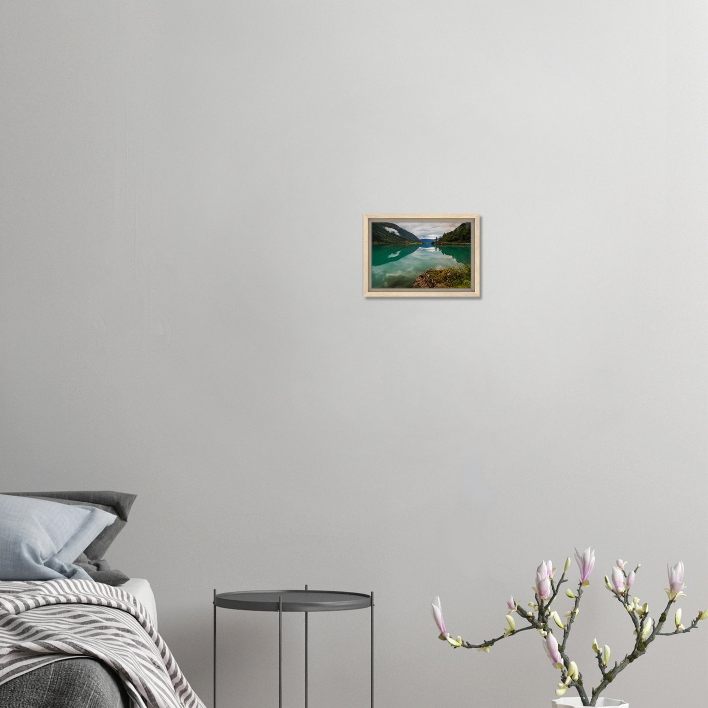 Calm lake in Norway’s valley surrounded by lush greenery print