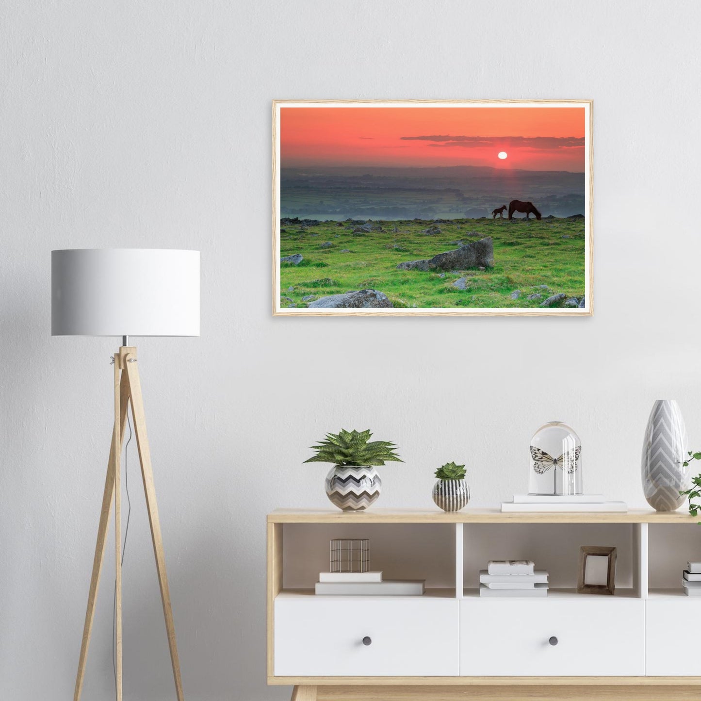 Scenic Dartmoor framed print with horses at twilight