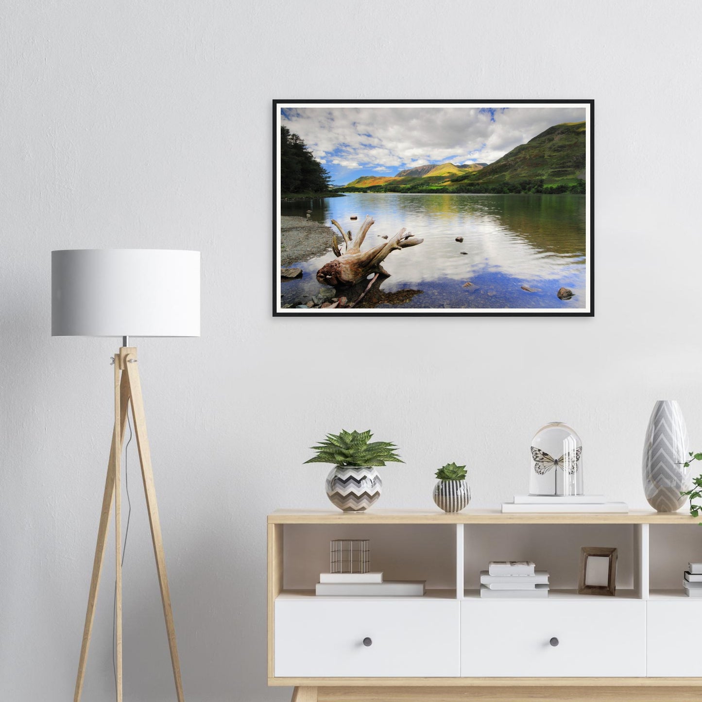 Framed print of Buttermere Lake in the Lake District with driftwood