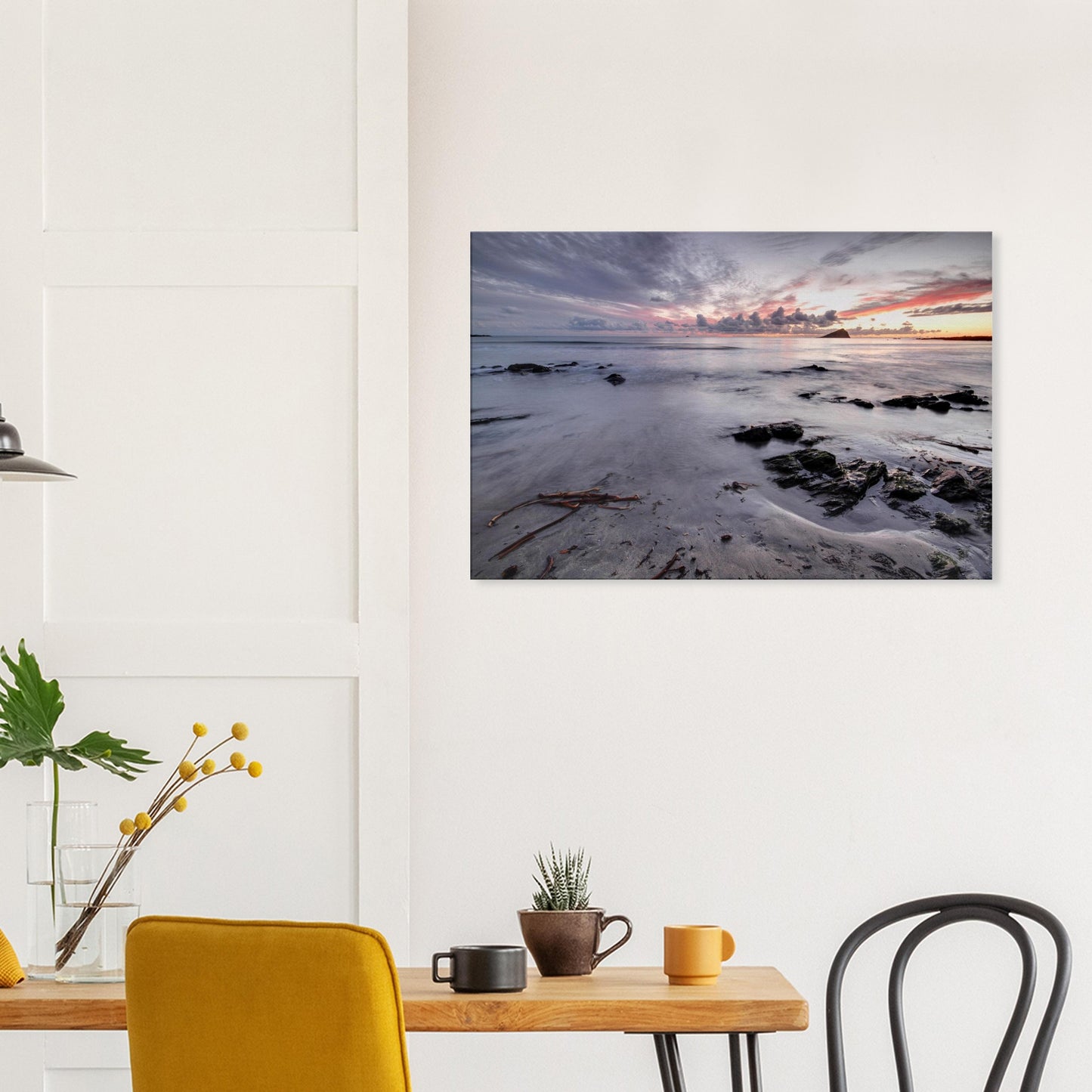 Coastal sunset canvas of Wembury Beach, Devon, showing smooth sands, soft pastel skies, and the iconic Mewstone island silhouette.
