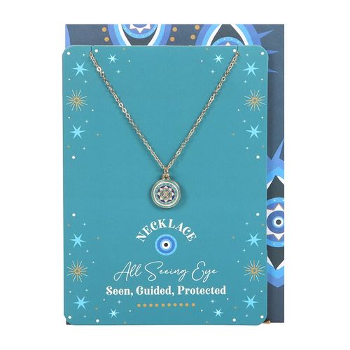Gold-tone all seeing eye necklace on turquoise card with star accents and matching dark blue envelope.