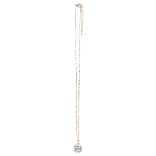 Gold-tone all seeing eye necklace on turquoise card with star accents and matching dark blue envelope.