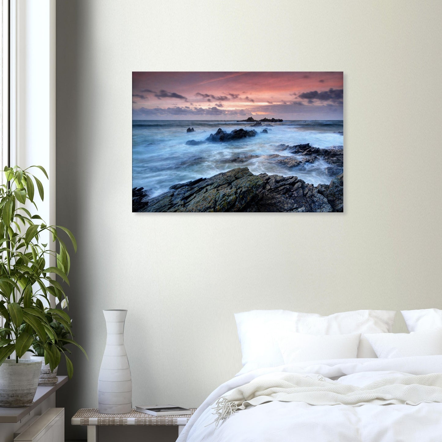 Canvas print capturing the dramatic energy of Heybrook Bay at sunset with swirling ocean waves, rocky coast, and a fiery red-orange sky.