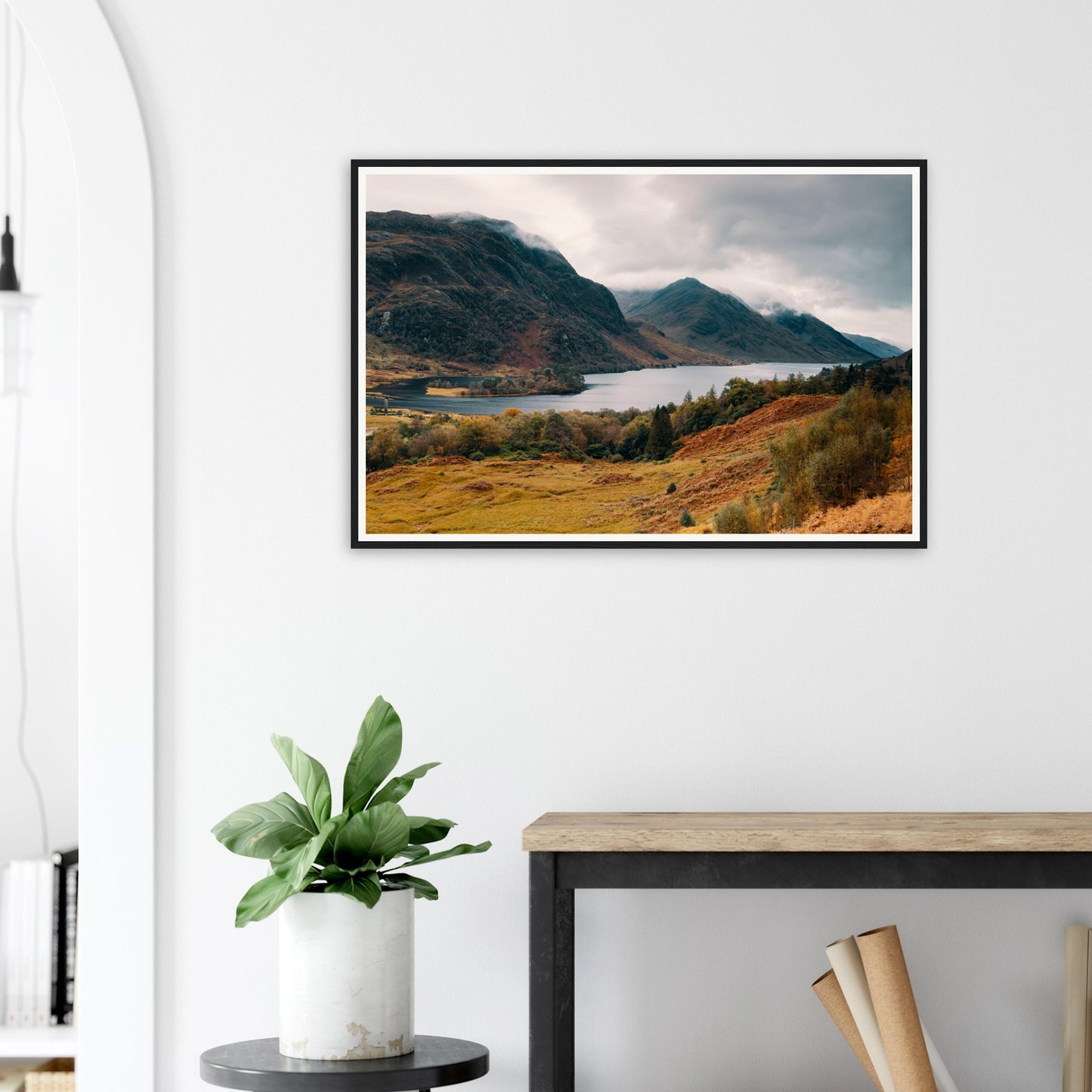 Tranquil framed wall art of Loch Shiel in autumn light