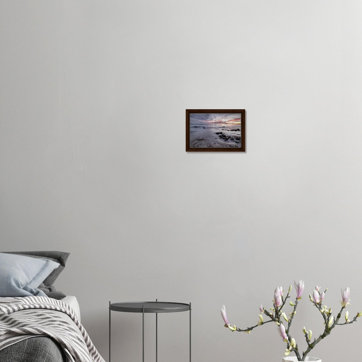 Wembury Beach framed canvas with dusky purple and pink sky