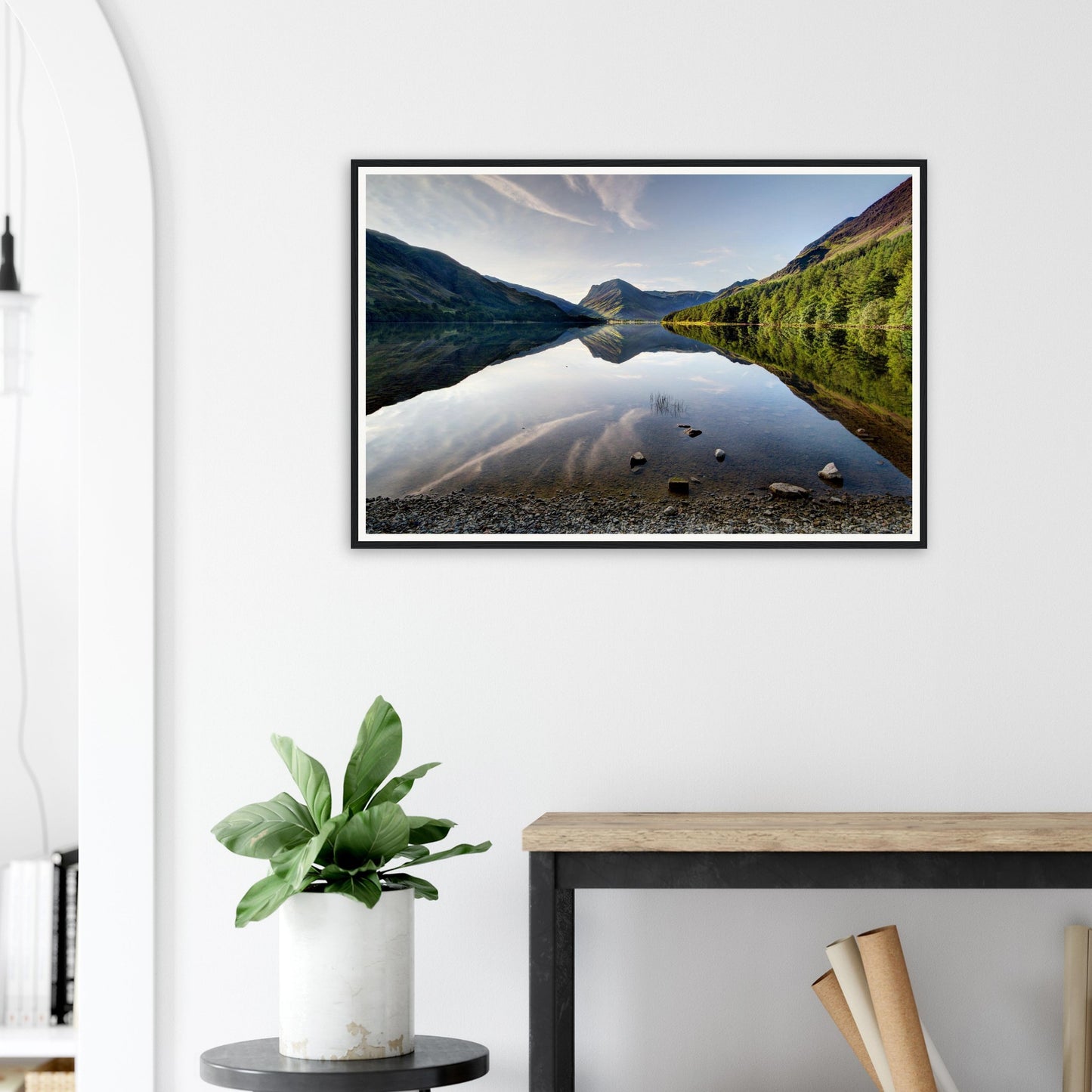 Serene mountain reflections at Buttermere Lake framed wall art