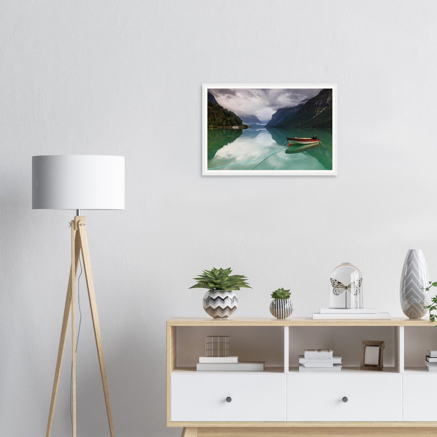 Framed landscape print of Lovatnet Lake with solitary boat