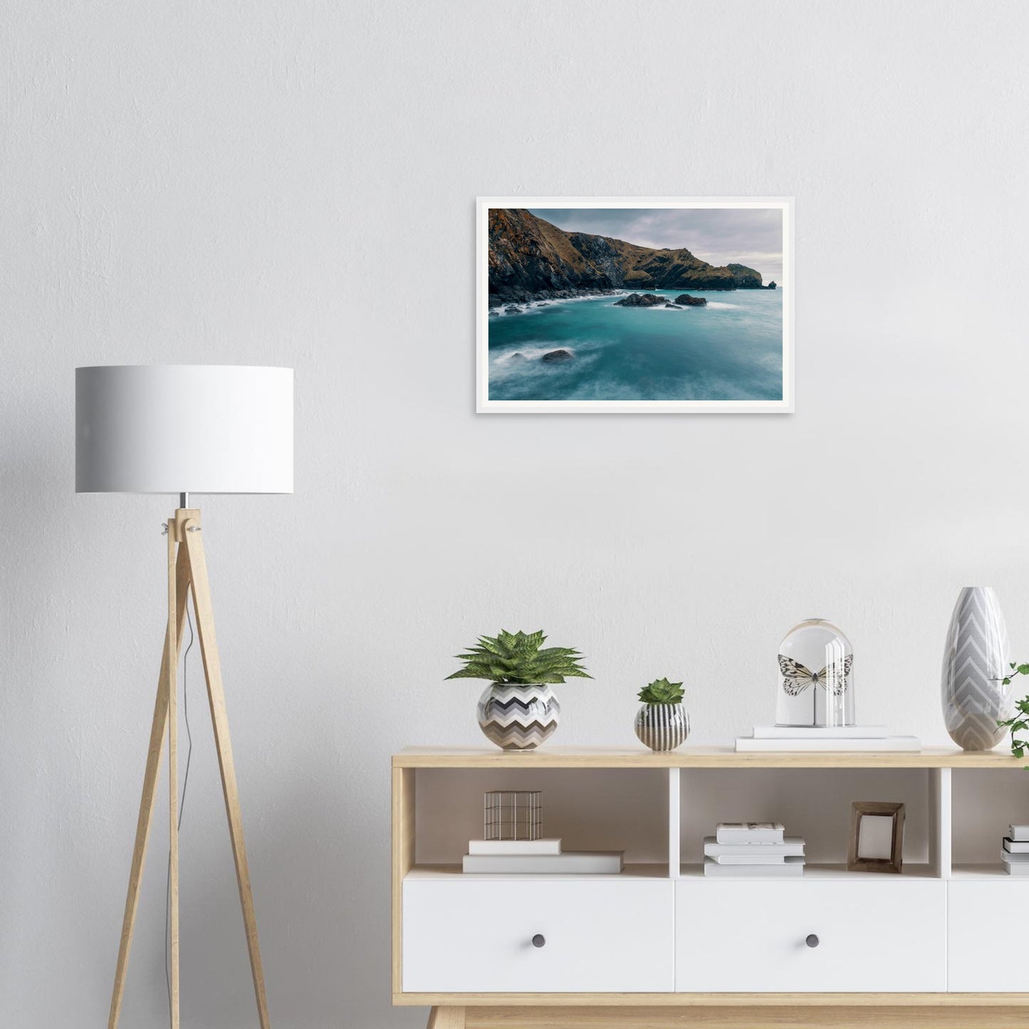 Rugged cliffs and turquoise sea Mullion Cove framed wall art