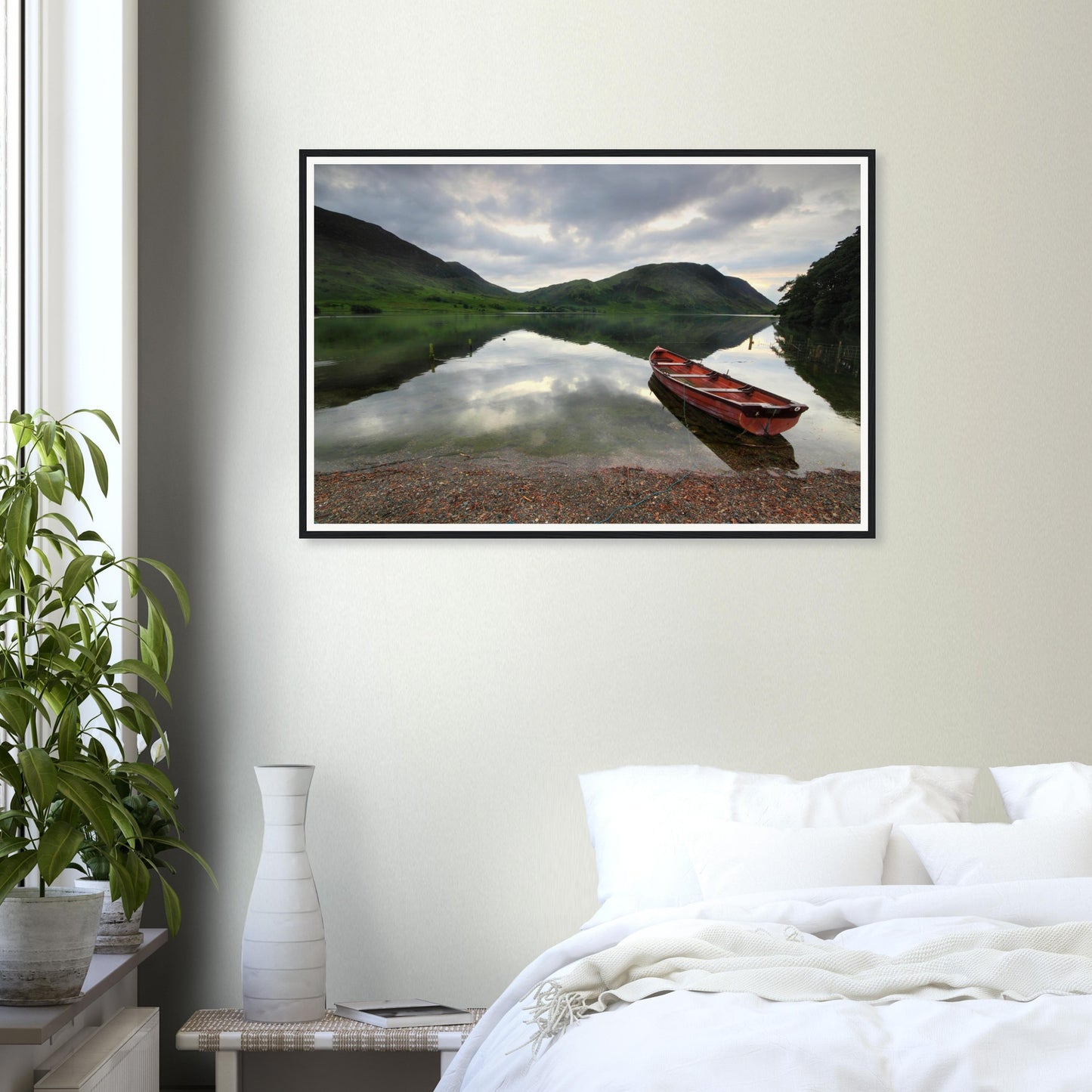 Red boat and reflective lake scene at Crummock Water framed print