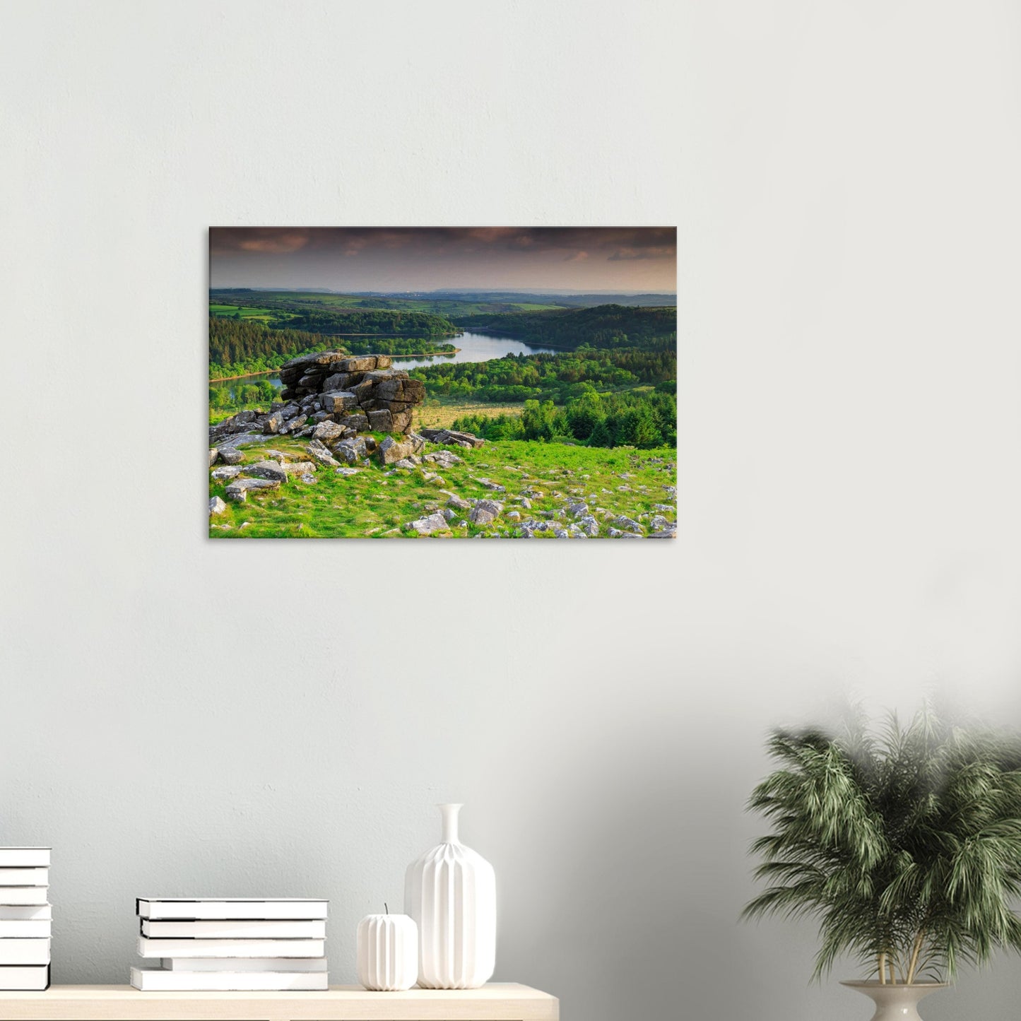 Leather Tor in Dartmoor captured with surrounding hills and lake, canvas artwork.