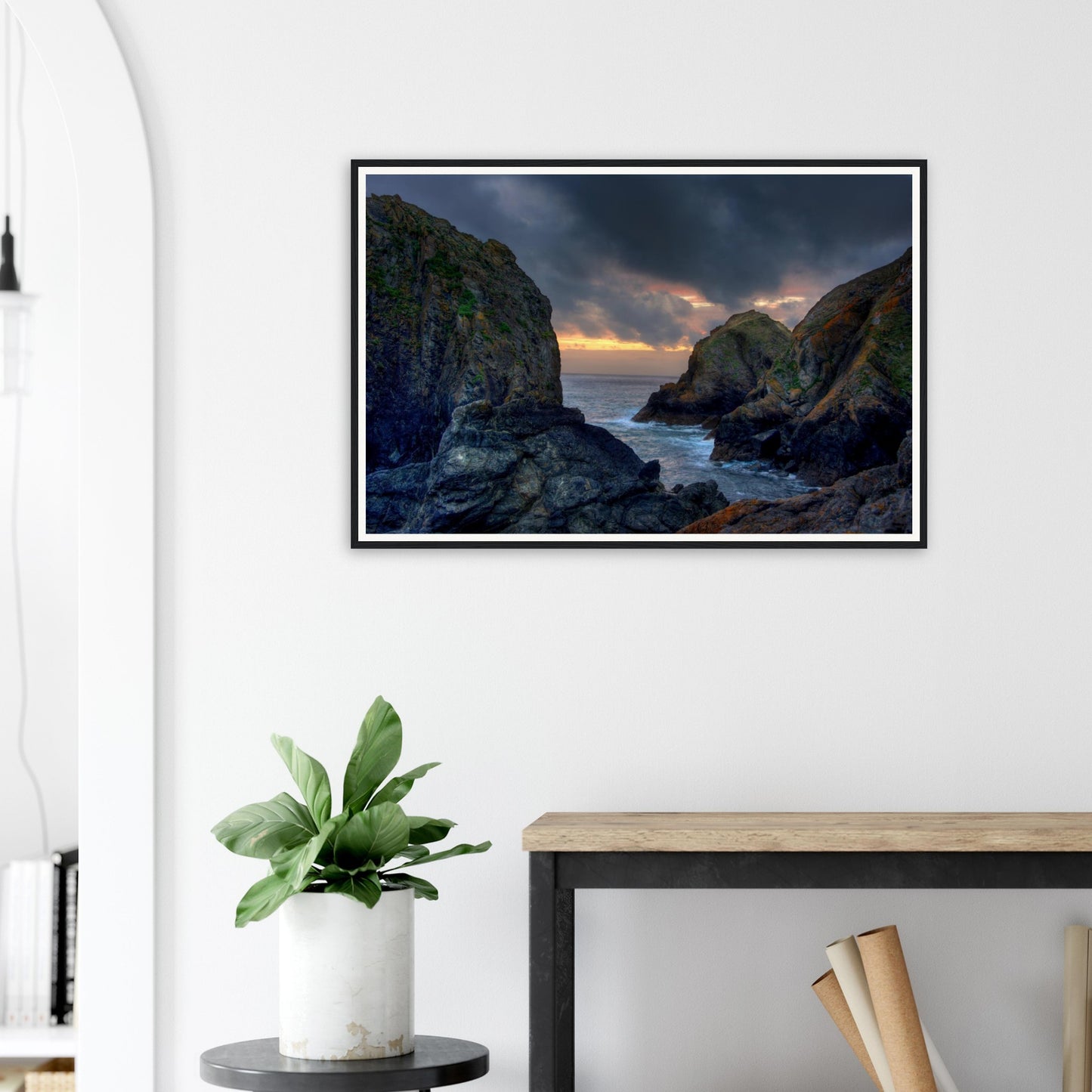 Atmospheric seascape framed wall art of Mullion Cove in Cornwall