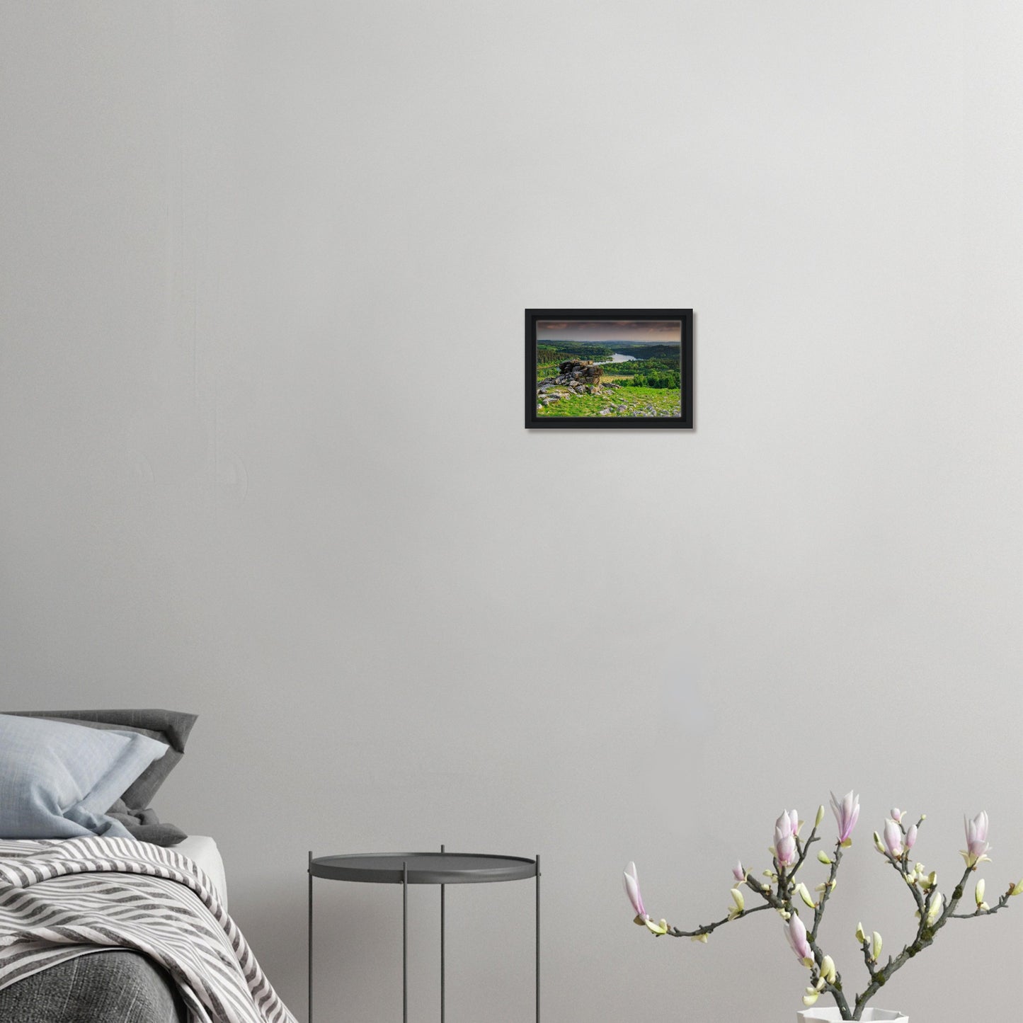Landscape canvas with Devon tor and tranquil lake view
