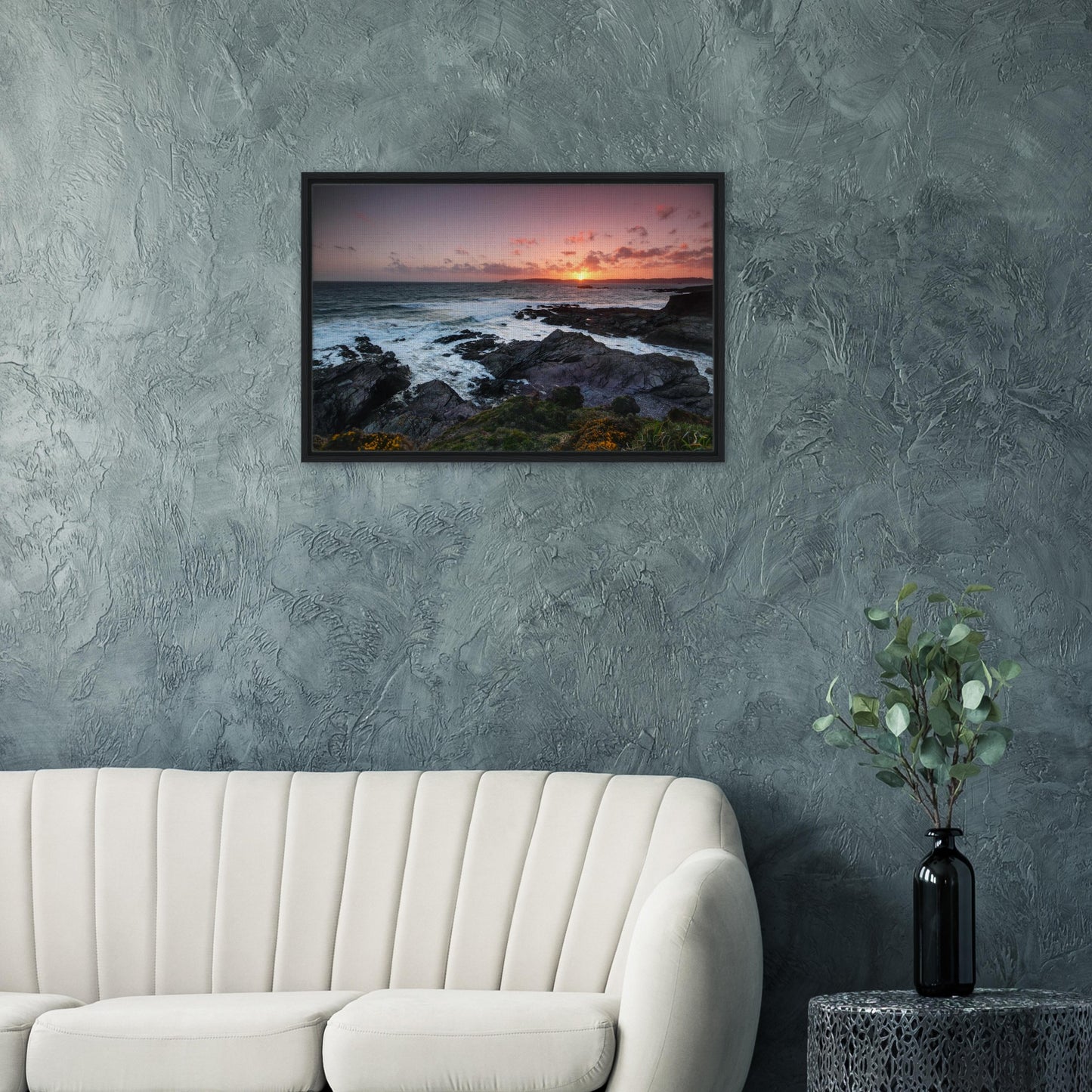 Peaceful sunset over Heybrook Bay coastline in framed artwork