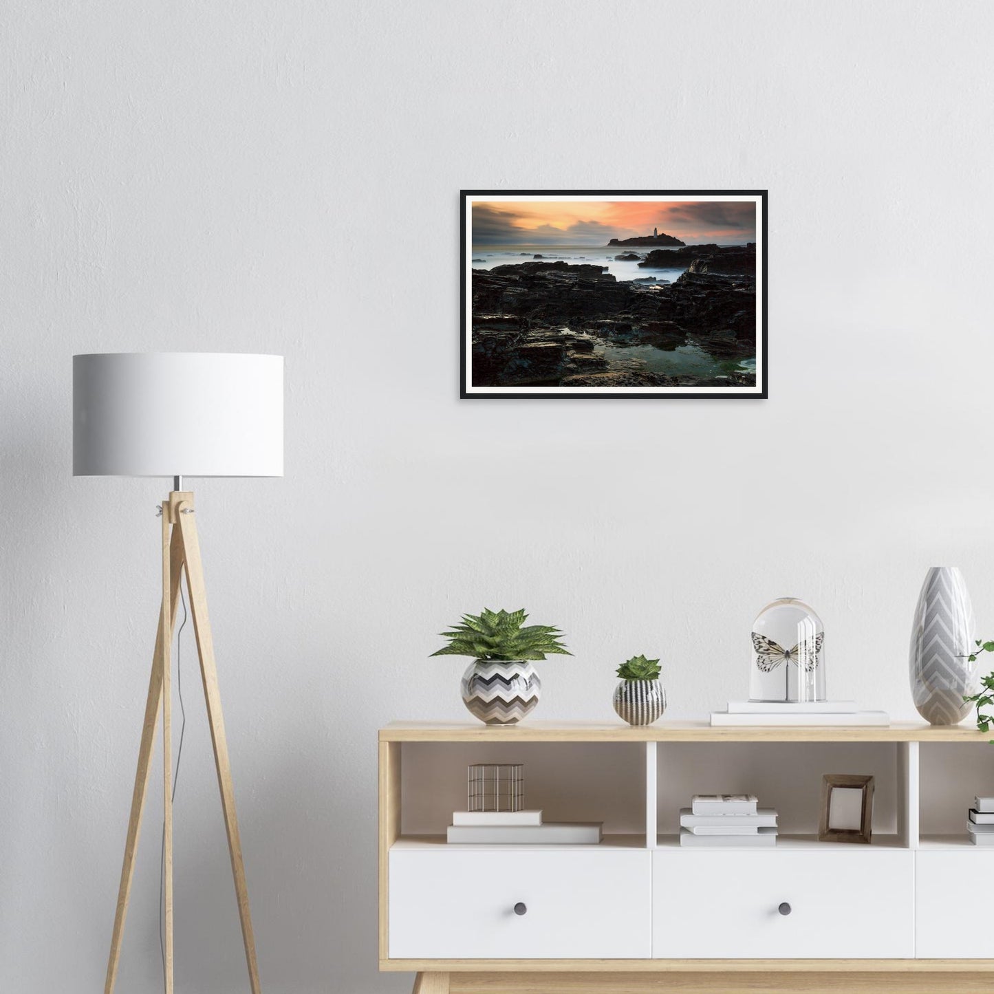 Framed landscape print of Godrevy Lighthouse at dusk in Cornwall