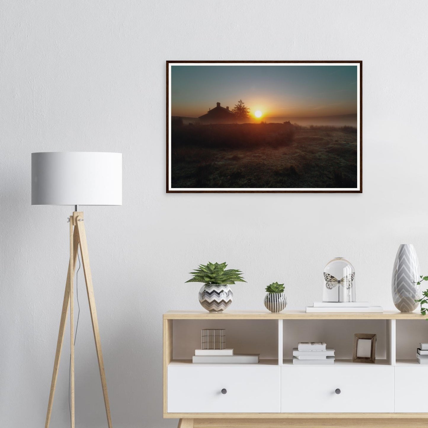 Atmospheric framed wall art of Dartmoor farmhouse at sunrise