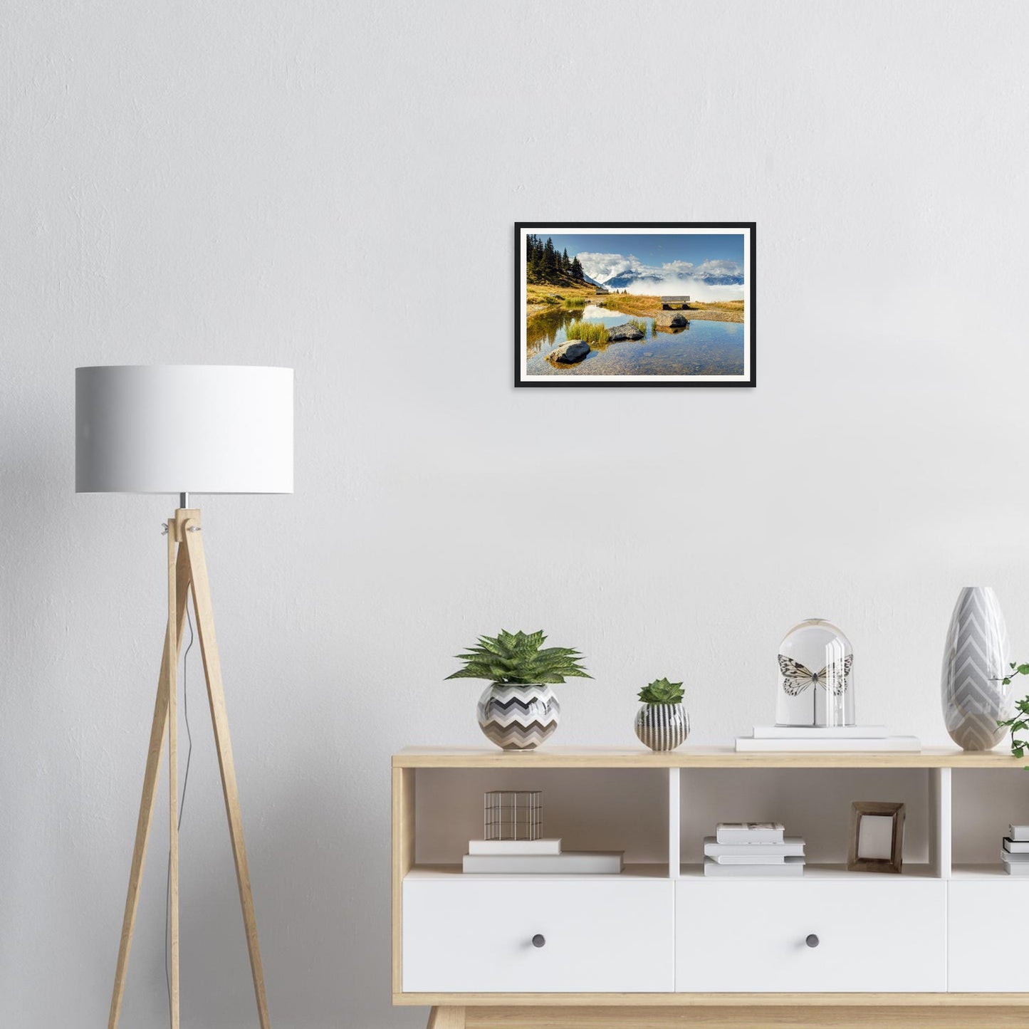 Framed print of Resterhöhe alpine view with bench and pond