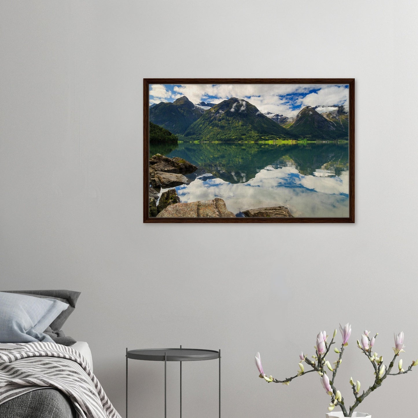 Strynevatnet Lake framed print with mountain reflections