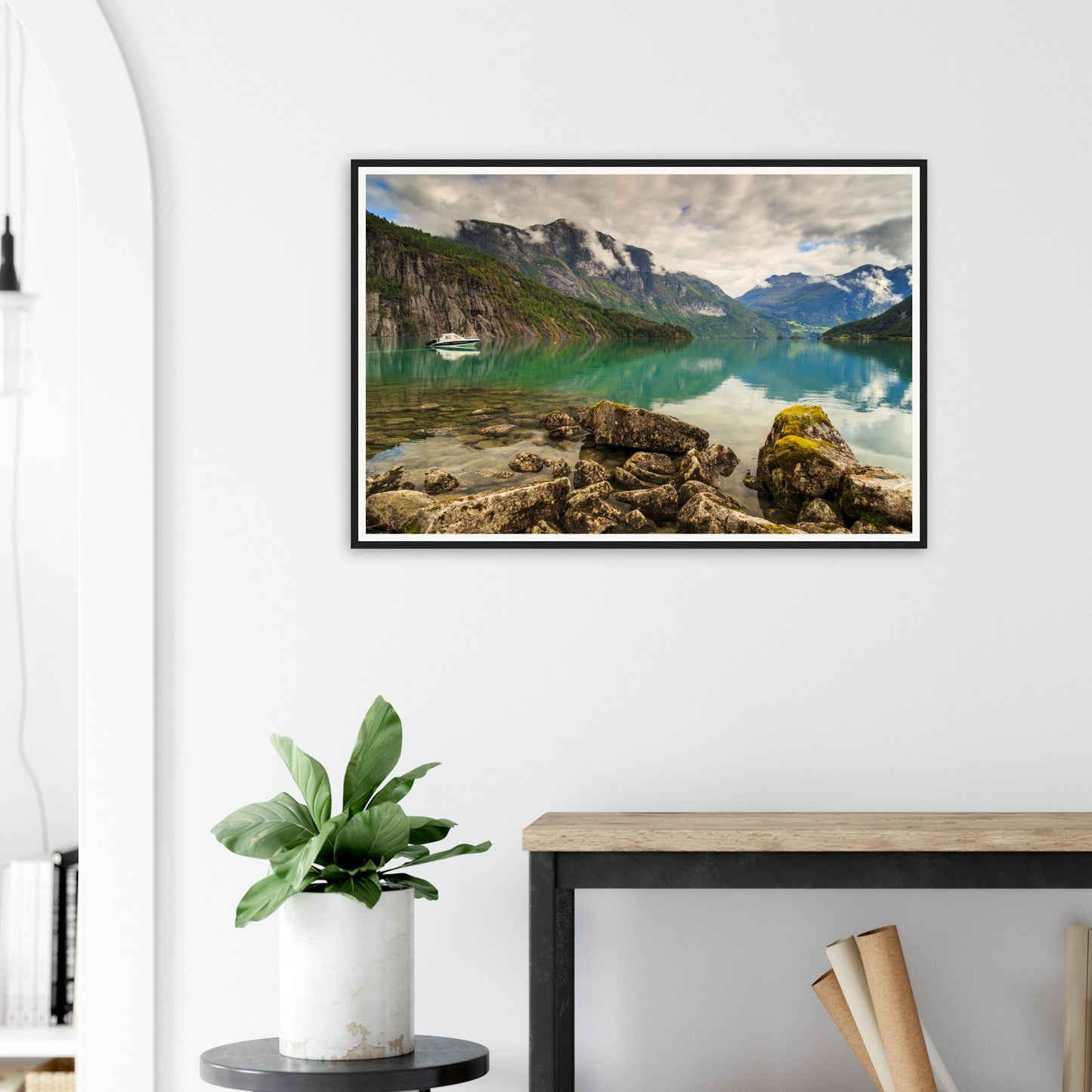 Scenic framed wall art of Strynevatnet Lake in tranquil light