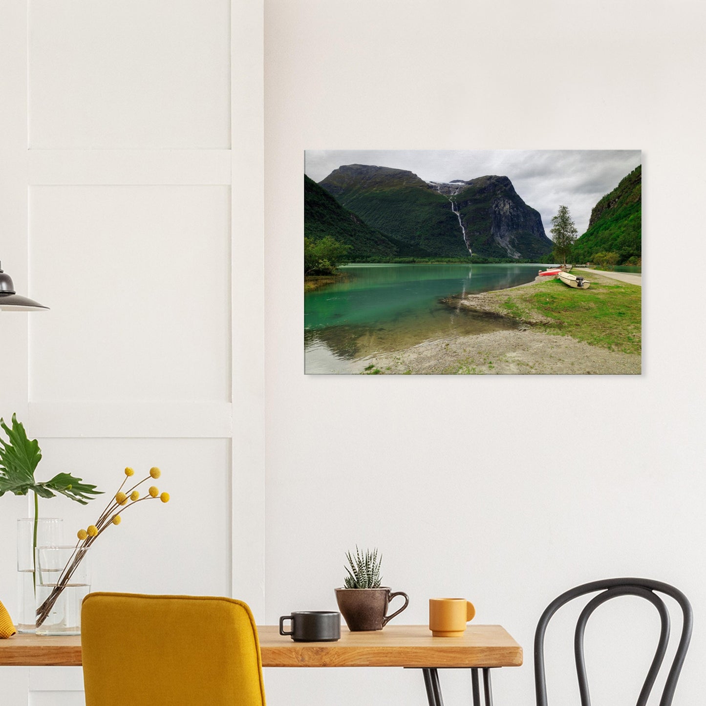 Canvas print illustrating the harmony of rugged mountains, flowing water, and peaceful lake in Norway