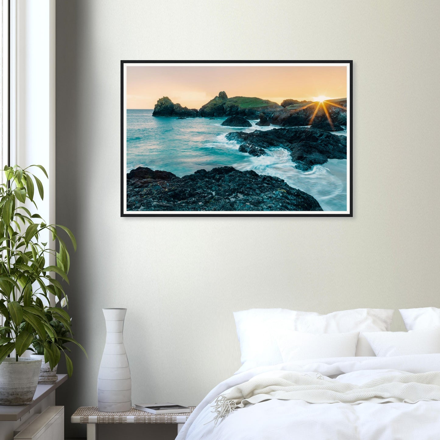 Ethereal coastal sunset framed print of Kynance Cove in Cornwall