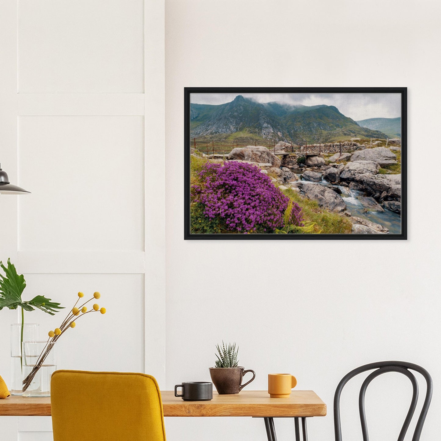 Framed print of Llyn Idwal with heather and hills