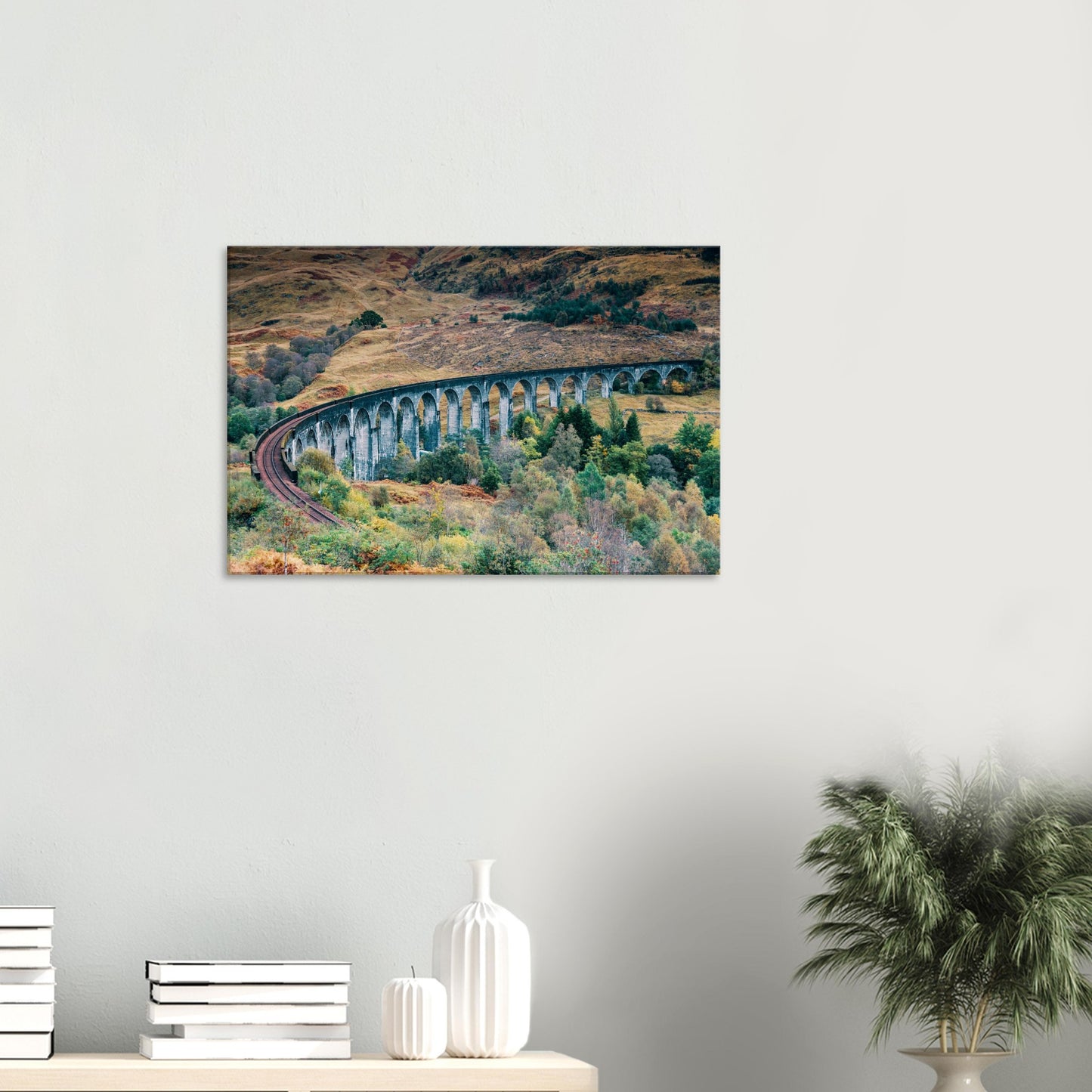 Autumn Glenfinnan scene with viaduct and rolling hills on canvas