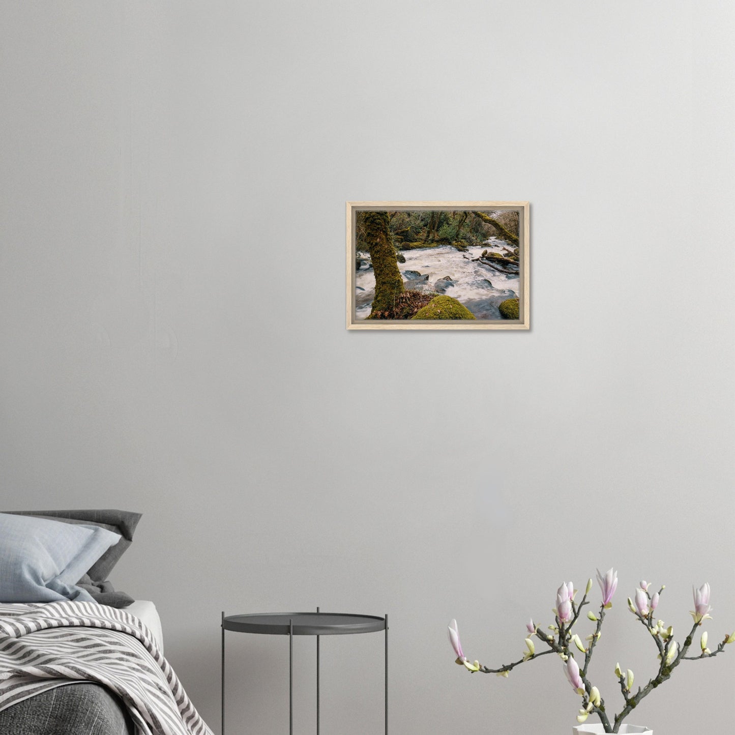 Forest river canvas with dynamic current and mossy banks