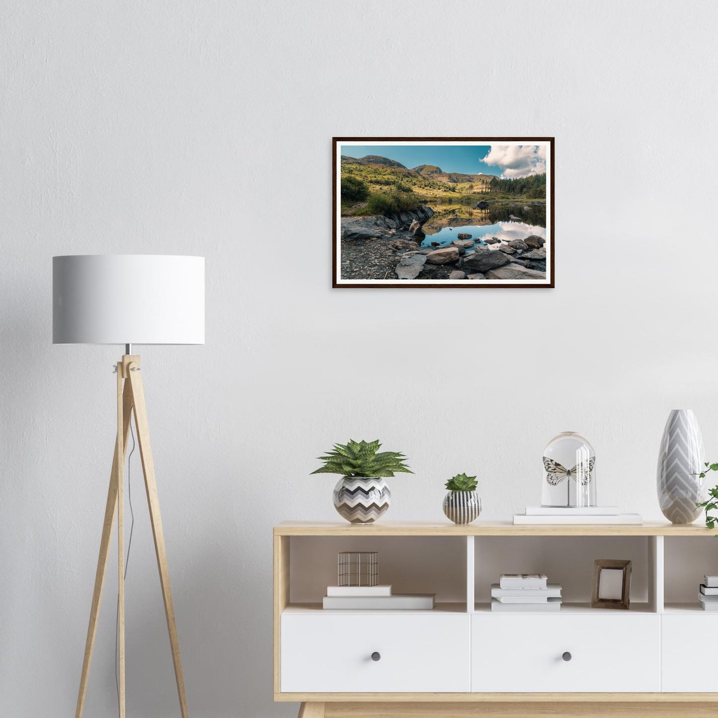 Scenic framed print of tranquil Llyn Llywelyn lake landscape